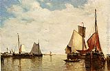Harbour Canvas Paintings - Moored Ships In A Small Harbour